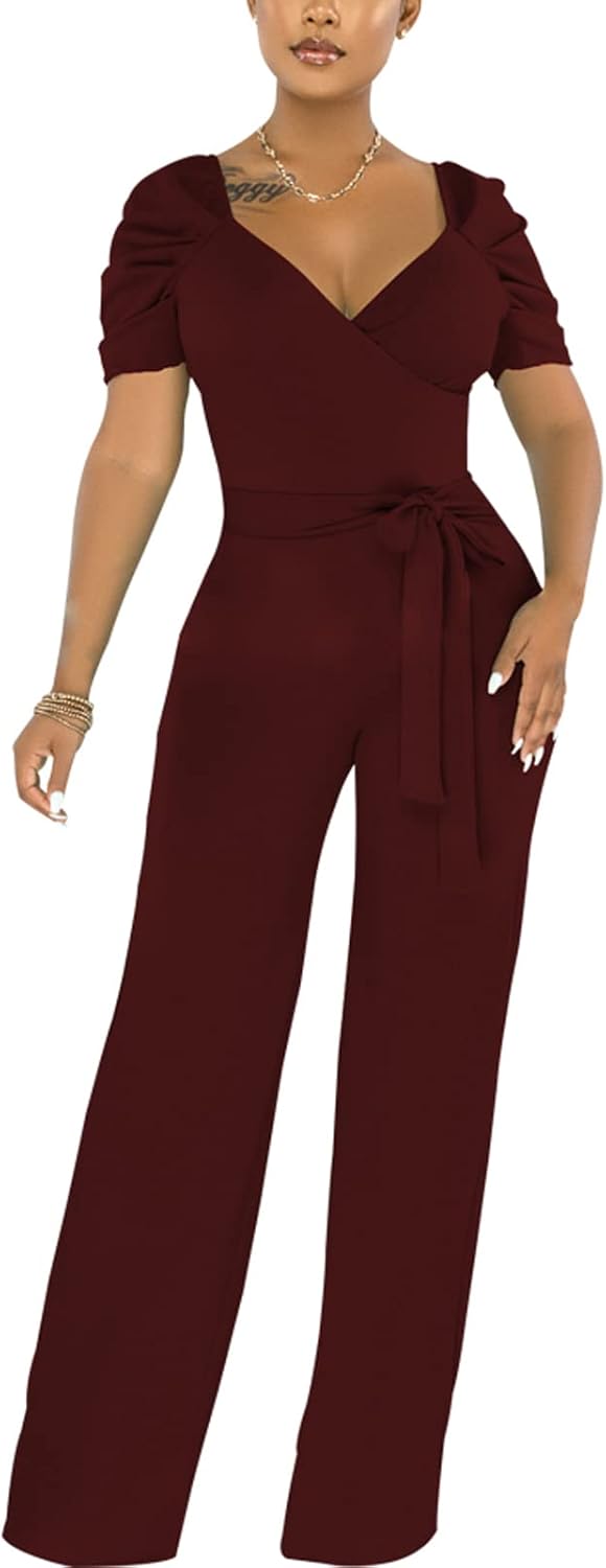 PaladMom Womens Elegant Plus Size Jumpsuits Sexy Back zipper Short Sleeve Mid Waist Wide Leg Straight Rompers