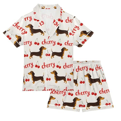 Dachshund Dog Red Cherry Pajamas Set Summer Button Down Sleepwear Pjs Sets Comfy Loungewear