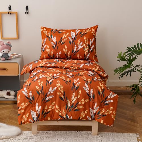 Image of Luxlovery Toddler Comforter Set Orange Floral Botanical Kids Girls Leaves Bedding Set Bed Set for Dorm 4 Pieces (1 Comforter, 1 Flat Sheet, 1 Fitted Sheet, 1 Pillowcase)
