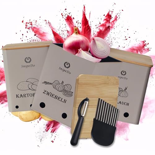 SnipeDo Kartoffel Aufbewahrungsbox Set 3er Set Kartoffelbox Zwiebel Aufbewahrung Knoblauch Behälter Metall Gemüsebox mit Kartoffelschneider & Schäler Kartoffel und Zwiebelbehälter (Beige)