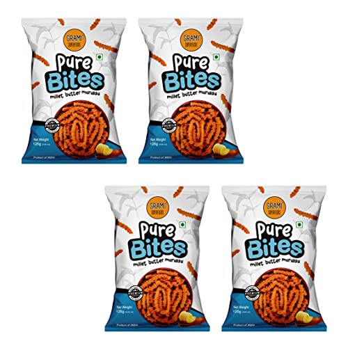 Image of Grami Superfoods Pure Bites Millet Butter Murukku / Chakli - Pack of 4 (500g) | Healthy Indian Snacks | Millet Snacks | No Maida | No Preservative | High Protein & Fiber Snack | Low GI | Healthy Namkeen for Kids & Adults | Weight Loss Namkeen |Sugar Free | Diabetic Friendly Namkeen