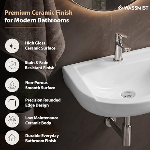 Image of WASSMIST Wash Basin | Wall Hung Wash Basin for Bathroom with 10 Year Glaze Warranty | Premium Ceramic Semi Round Basin with Tap Hole (18.5 X 14.4 X 7 Inch)