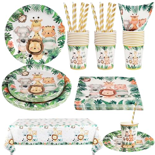 Safari Birthday Decorations for Boys 101 Pcs Jungle Theme Party Decorations Kids with Paper Plates Cups and Napkins Disposable Afternoon Tea Decorations Set Serves 20 Guests
