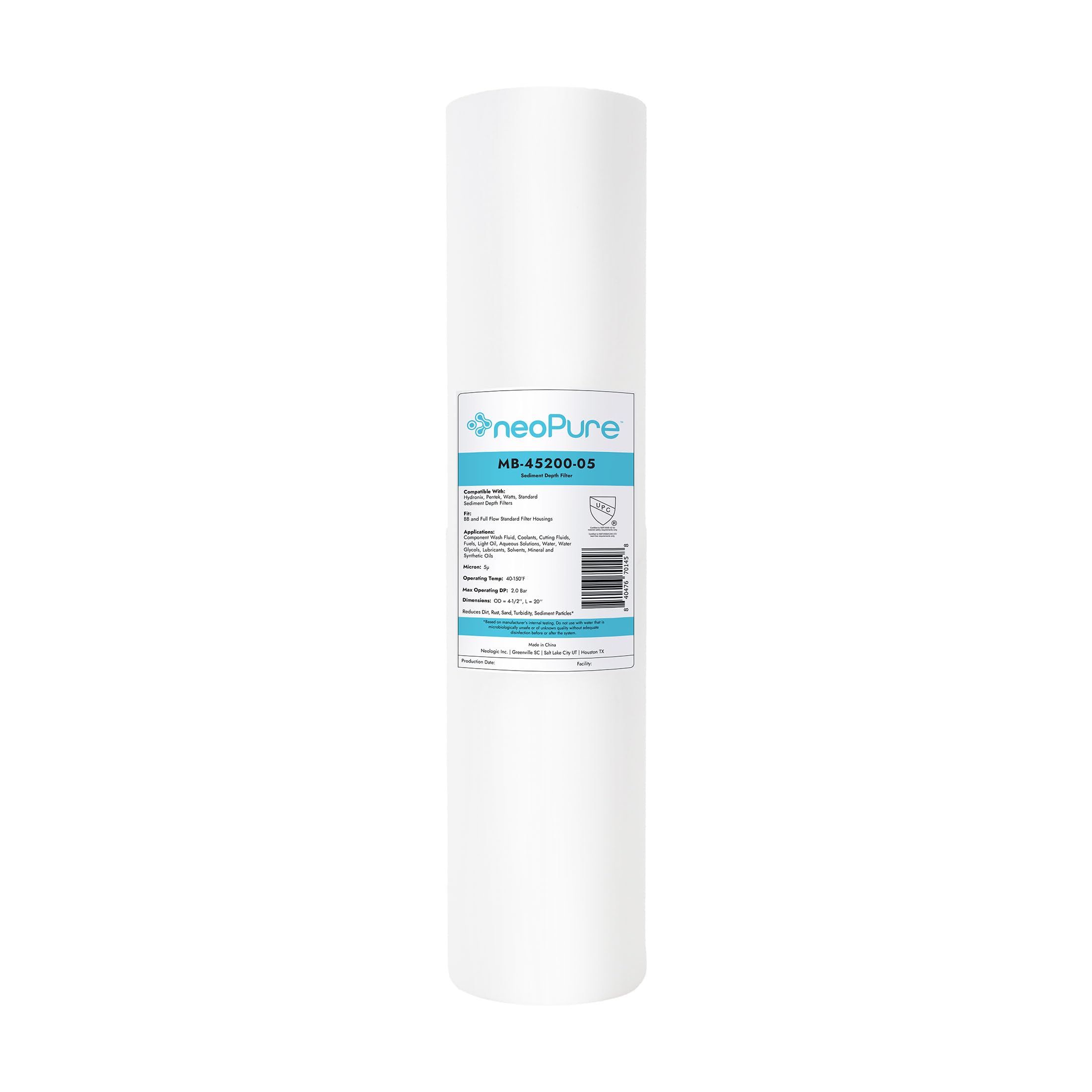 Neo-Pure MB-45200-05 20" BB Graded Density Polypropylene Sediment Depth Filter 50/5 Micron – Compatible with 20" Big Blue Housings, Reduces Sediment, Dirt, and Rust.