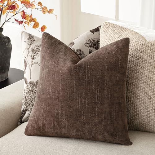 Image of Foindtower Pack of 2 Soft Textured Chenille Throw Decorative Pillow Covers Square Accent Solid Cushion Cover Cozy Neutral Farmhouse Pillow Case for Couch Sofa Bedroom Living Room 18x18 Inch,Red Brown