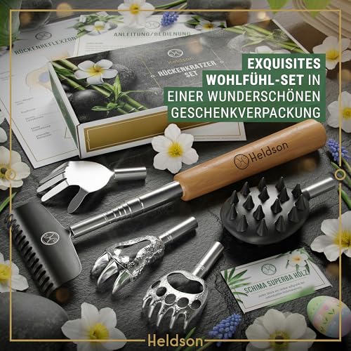 HELDSON® Rückenkratzer Holz [Inklusive 5 Kratzaufsätze] - Vatertagsgeschenk - Männer Geschenke - Geschenkset - Vatertag - Kratzhand - Rücken Massage - Geschenk für Papa - Geschenkideen 2