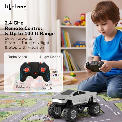 Image of Lifelong Cuppy Rechargeable Cyberon Truck RC Car Toy for Kids|Off-Road Remote Control with Turbo Speed, 4 LED Modes, Anti-Skid Tyres, Type-C Charging, 2.4GHz, 100 ft Range|BIS Certified (Silver)