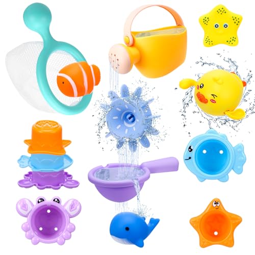 11 PCS Baby Bath Toys for 1 2 3 4 Year Olds Toddler Kids, Mould Free Water Play Swimming Pool Toys No Mould Watering Can Bath Cups Sea Animals Water Toys Bathtub Present for Boys Girls