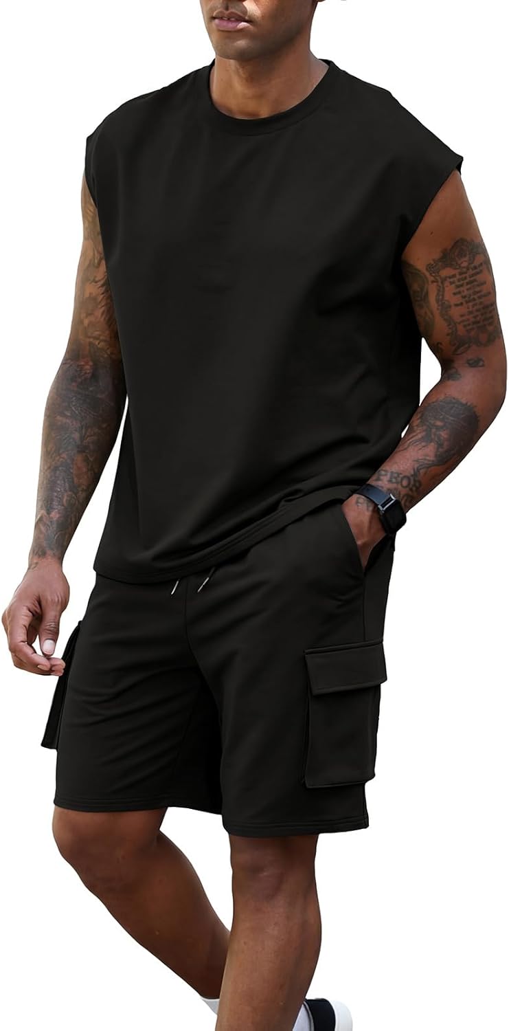 Opomelo Men's 2 Piece Short Set Summer Casual Tracksuit – Sleeveless Muscle Fit T Shirt and Shorts Outfit for Gym Workout