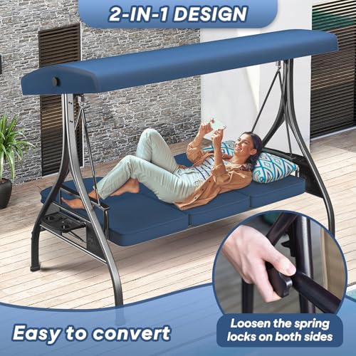 Image of ZZW 3 Seat Outdoor Porch Patio Swing with Stand 800lbs 2-in-1 Convertible Swing Bed with Adjustable Canopy & Removable Cushion for Yard Garden Deck (Blue, Square Tube)