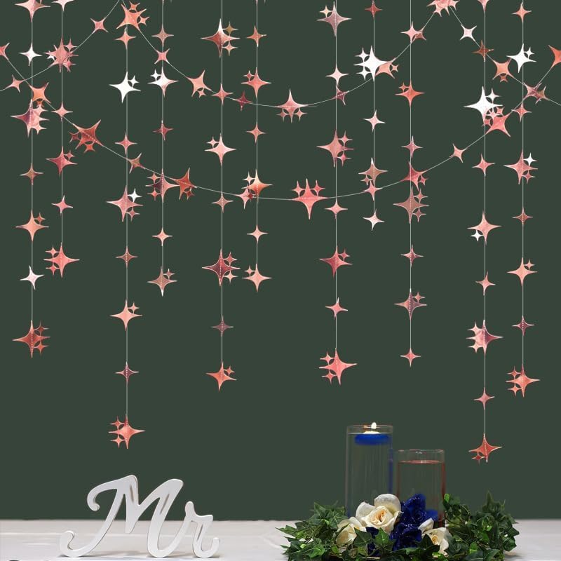 Glitter Rose Gold Four-Angle Star Paper Garland Banner Décor 26 Feet Twinkle Rose Gold Star Hanging Bunting Banner Backdrop for Wedding
