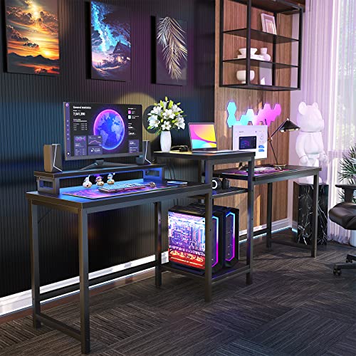Unikito 2 Person Computer Desk With Led Light And Power Outlet, Double Gaming Desk, Large Workstation With Storage And Printer Stand, Long Desk, Office Work Desk With Shelf, Writing Study Table, Black #TOP5