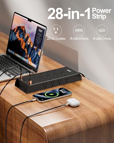 Image of Surge Protector Power Strip 4800J, LeZone 10Ft Long Extension Cord Flat Plug, 20 Outlets 8 USB Ports(4 USB-C), Wall Mountable, Desk Charging Station, Black