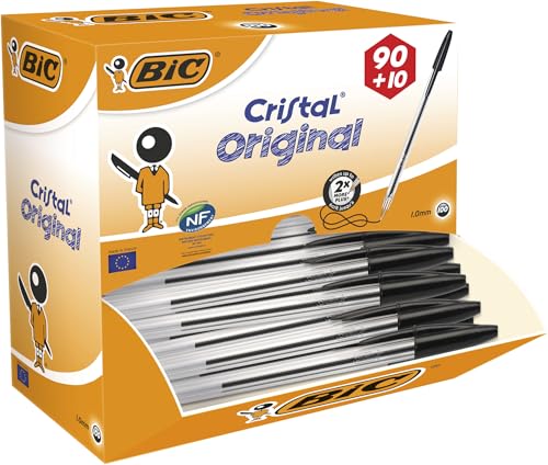 BIC Cristal Original Ballpoint Pens, Every-Day Biro Pen, Fine Point (1.0mm), Ideal for School, Black Ink, 100 Count (Pack of 1)