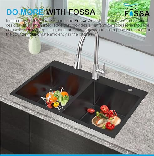 Image of Fossa 37 inchx18 inchx10 inch Double Bowl With Tap Hole Premium Stainless Steel Handmade Kitchen Sink Matte Finish (Black)