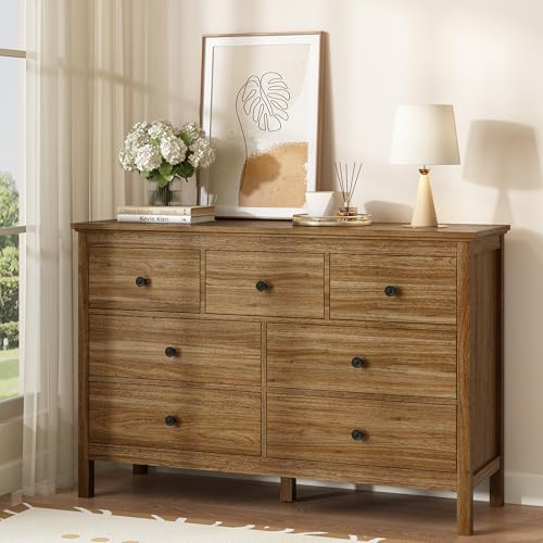 Image of LYNSOM Dresser for Bedroom with 7 Drawers, Natural Chest of Drawer with Black Handles, Wood Storage Dresser TV Stand Dressers for Closet, Living Room, Kids Room, Entryway, Oak