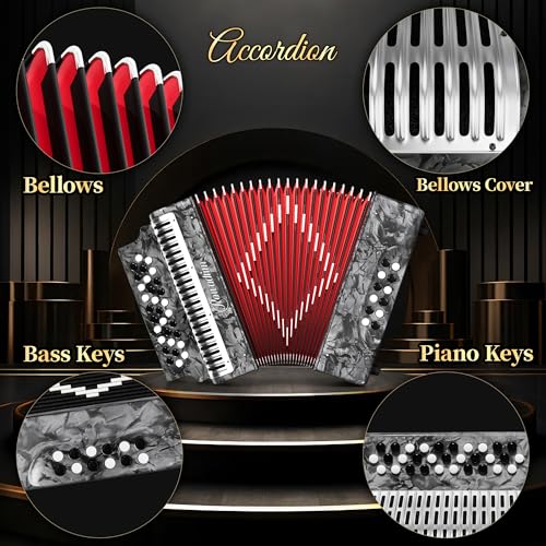 Accordion - 31 Key Diatonic, 12 Bass Buttons (G/C/F Tuning), Push-Pull Isochord Design, Beginner-Friendly Adult Set with Case, Gloves & Cleaning Wipes (Gray) - Image 7