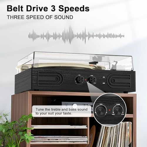 Image of Vinyl Record Player with Built-in Speakers 3-Speed Vintage Record Player Support Treble& Bass Control, 3.5mm Headphone Jack, RCA-Out /Aux in, Belt-Driven LP Turntable,Black Wood