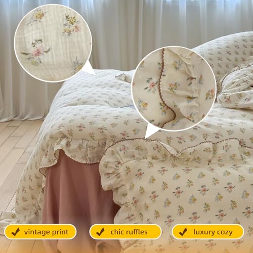Image of BuLuTu 100% Cotton Muslin Duvet Cover Twin for Kids Girls Boys, Shabby Chic Azalea Floral Duvet Covers Vintage Farmhouse Comforter /Quilt Cover with Ruffles, 68 inchx86 inch, Zipper Closure, No Pillow