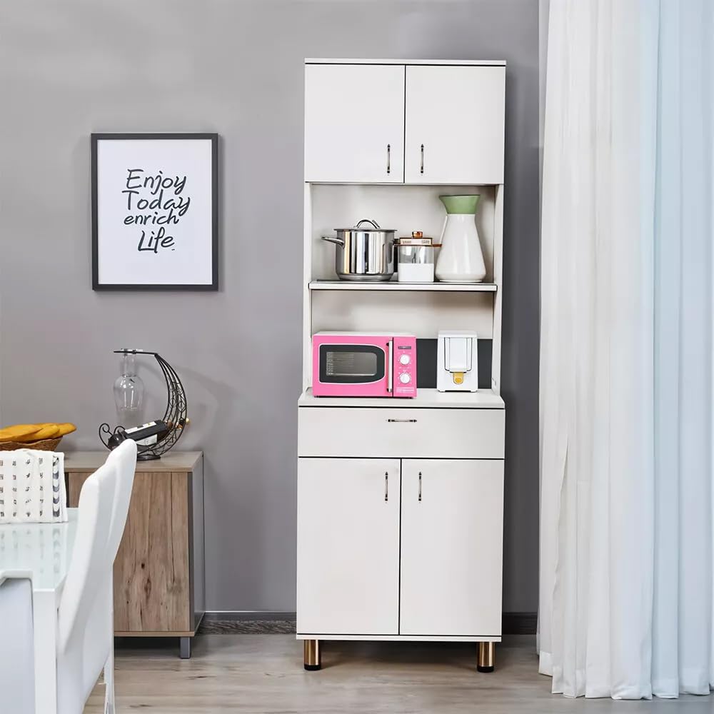 Alpine Willow Tall Kitchen Storage Cabinet, White Microwave Stand with Shelves and Drawers, Double Door Pantry Unit, Hutch