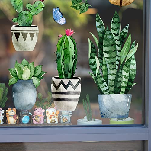 Mfault Potted Plant Window Clings 9 Sheets, Cactus Succulent Wall Glass Stickers Decal Hanging Bonsai Decor, Tropical Botanical Palm Leaves Home Kitchen Decorations #TOP5