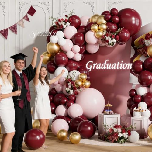 Image of Burgundy Balloons Arch Kit 155Pcs Pink White Gold 18 10 5 Inch | Maroon Light Pink Metallic Balloon Different Sizes Latex Garland for Birthday Anniversary Graduation Party Decorations
