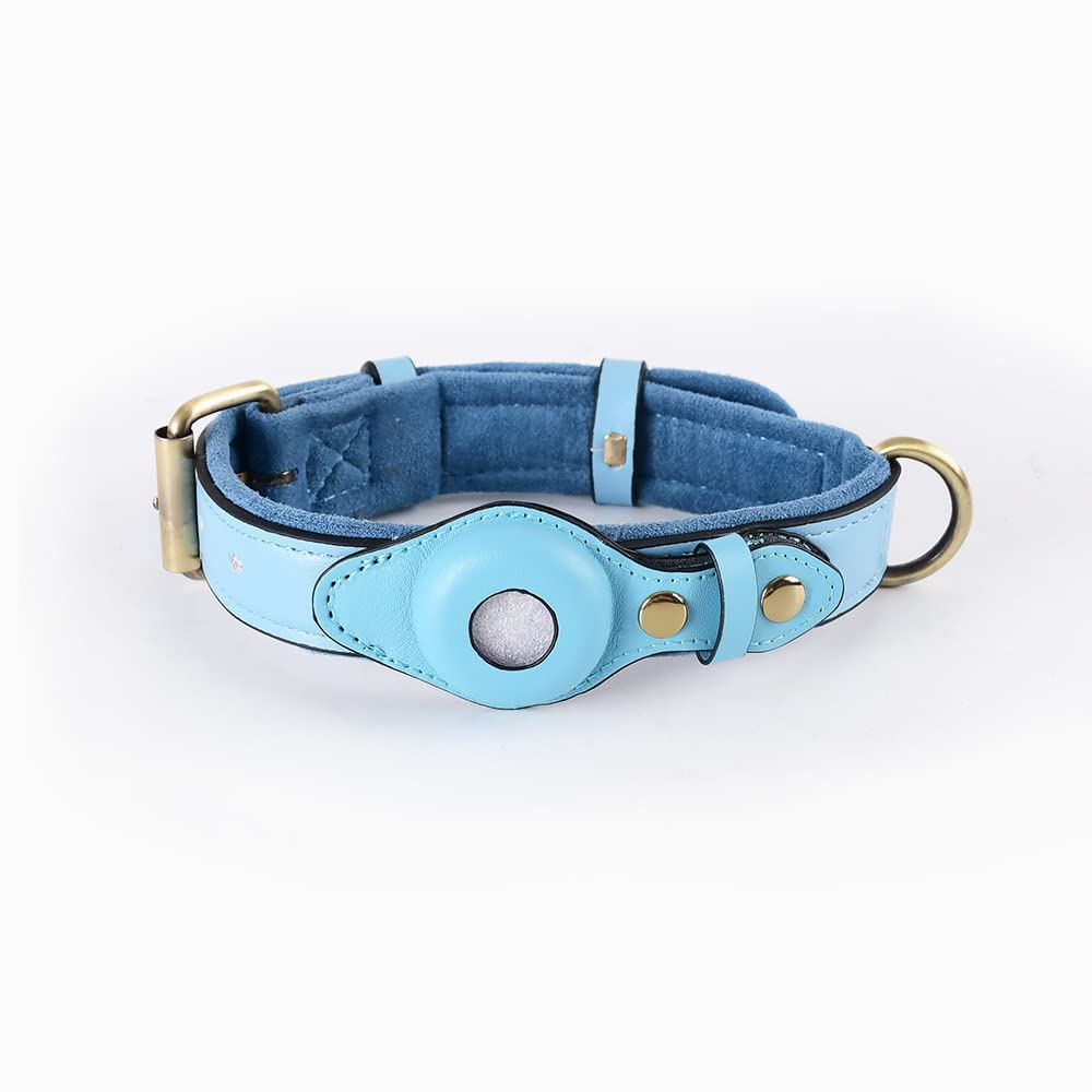 AirTag Dog Collar, Leather Dog Collar with Apple Air Tag Holder,Pet Adjustable Collars with Metal Buckle for Tracking Walking,for Small Medium Dogs and Cats (Blue, S(24-32cm/ 9.45-12.6 in))