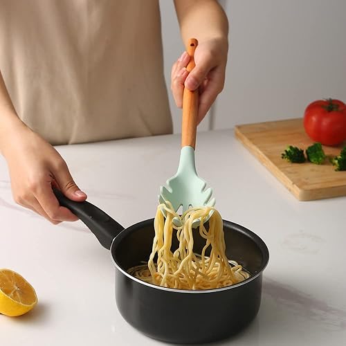 Miniatura 7 de Juego de utensilios de cocina de silicona con mango de madera. 446 F resistente al calor, sin BPA, apto para lavavajillas, utensilios de cocina de