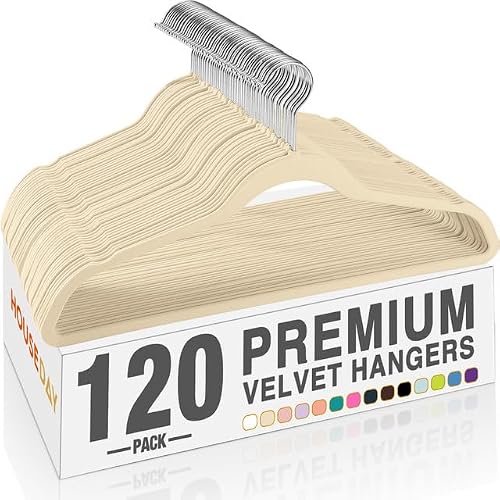 HOUSE DAY Beige Velvet Hangers 120 Pack, Premium Non Slip Clothes Hanger