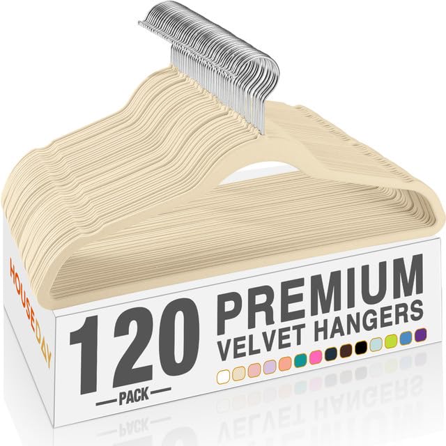 HOUSE DAY Beige Velvet Hangers 120 Pack, Premium Non Slip Clothes Hanger