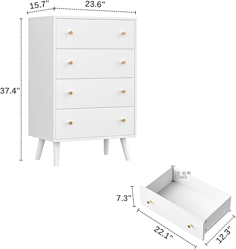 Miniatura 2 de Cómoda para dormitorio, cómoda blanca moderna con 4 cajones, cómoda alta con asas doradas