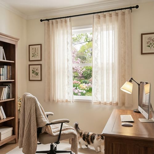 Image of jinchan Floral Linen Curtains, Back Tab 50x63 Inch, 2 Panels Ivory
