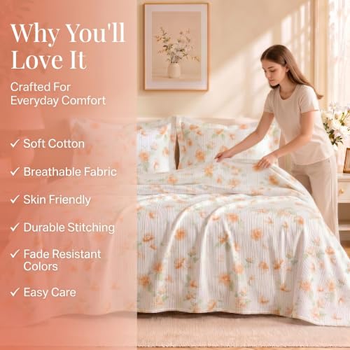 Image of SANMARINO Cloud Cotton 210 TC King Size Bedsheet with 2 Pillow Covers | Ultra Soft & Breathable | Floral Design Bedding Set | Hotel-Quality Comfort for a Luxurious Sleep | 270 x 250 cm | Peach Blossom