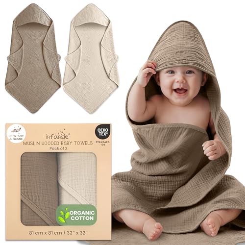 Infancie 100% Organic Cotton Muslin Baby Hooded Towels 32x32 Inch – 2 Pack Soft & Absorbent Hooded Baby Towels For Boys & Girls, Premium Hooded Towels, Ultra-Gentle Baby Essentials in Deep Olive/Ivory