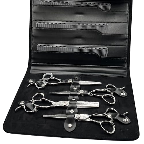 O estojo para tesouras de cabelo comporta 8 tesouras, pentes, lâminas e mais suprimentos de barbeiro e cabeleireiro, fecho magnético, couro vegano