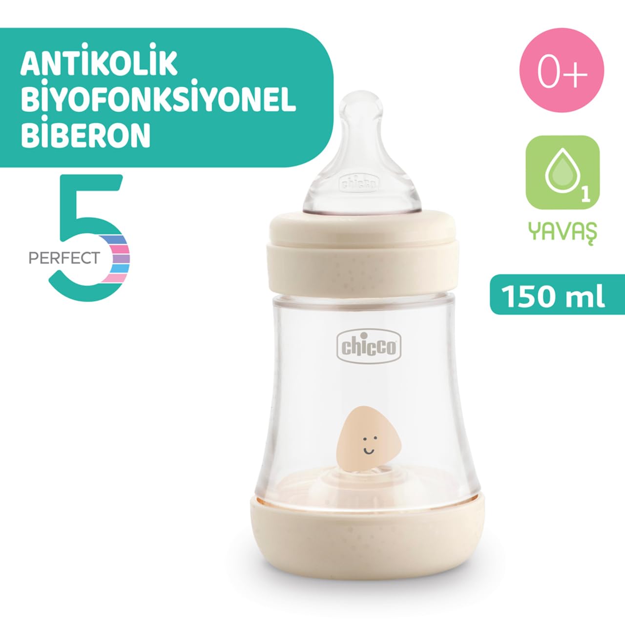 Chicco PERFECT 5 Biberon Anticolica 150 ml, Biberon Flusso Lento 0 Mesi+ con Tettarella in Morbido Silicone e Ciuccio in Silicone 0-2 Mesi incluso al suo interno, Idea regalo