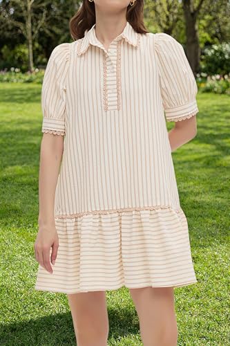 Image of EZAPINE Women Striped Shirt Dress Summer Button Down Collared Short Puff Sleeve Ruffle Hem Casual Flowy Mini Dress