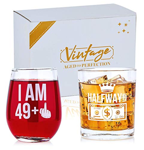 50th Birthday Gifts For Women and Men - Funny 3 Piece Gift Set, Limited Edition - Whiskey Glass, Wine Glass, Gift Box - Premium 50th Birthday Decorations - Great 1970 50th Birthday Gift Ideas
