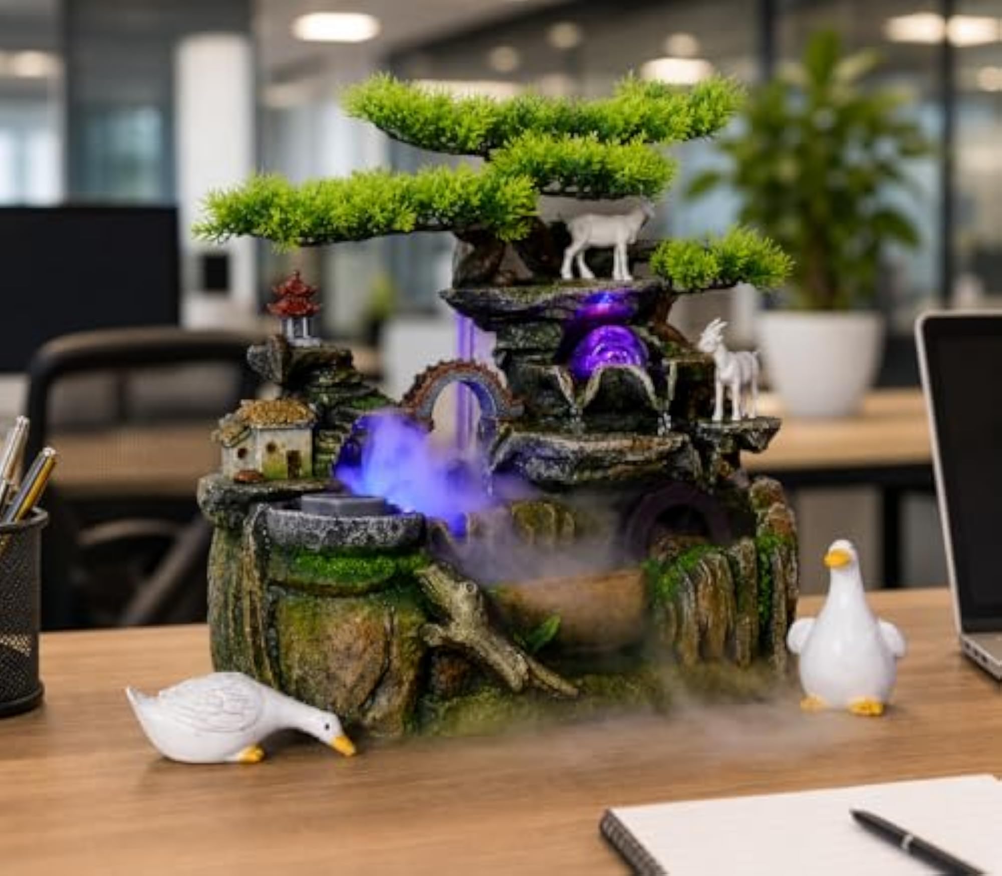 LED Mist Table Top Water with Goats, Ducks, Rotating Crystal Ball