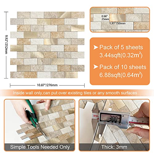 Vaovi Peel And Stick Backsplash Tile For Kitchen,Backsplash Peel And Stick Subway Tile Backsplash Self Adhesive Backsplash Bathroom(10Sheets,Brown Gold) #TOP5