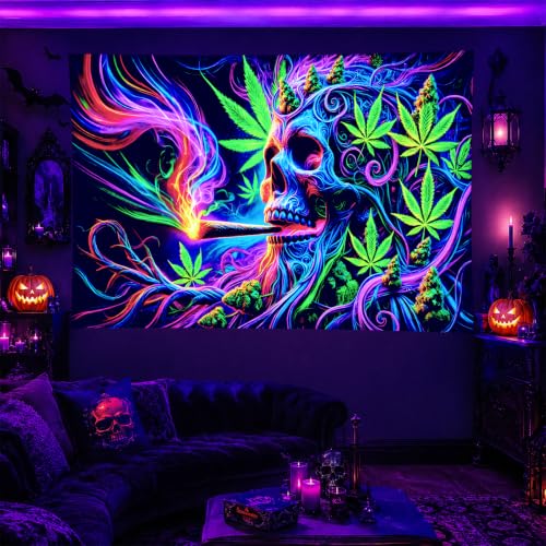 BlissYard Blacklight Tapestry Smoking Skull Neon Decor 59 x 78 Inch