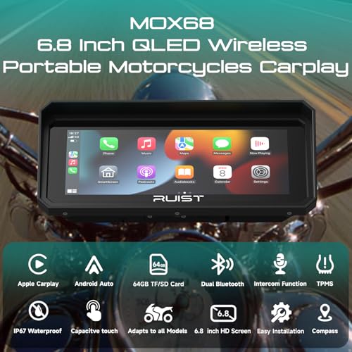 Image of 6.8 inch Wireless Motorcycle CarPlay Screen with TPMS, Model MOX68 | Wireless Apple CarPlay & Android Auto, IP67 Waterproof GPS, Dual Bluetooth, Magnetic Mount, Voice Control.