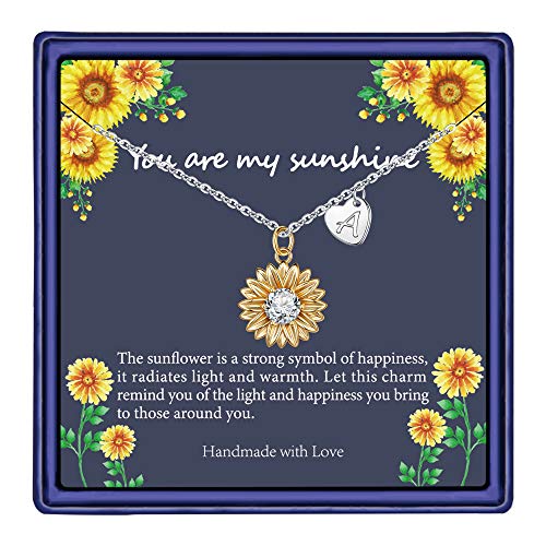 Iefil Initial Sunflower Necklaces for Women, 14k Gold Plated Sunflower Necklace CZ Heart Initial Letter Sunflower Pendant Necklace You are My Sunshine Sunflower Jewelry Gifts for Women Girls A