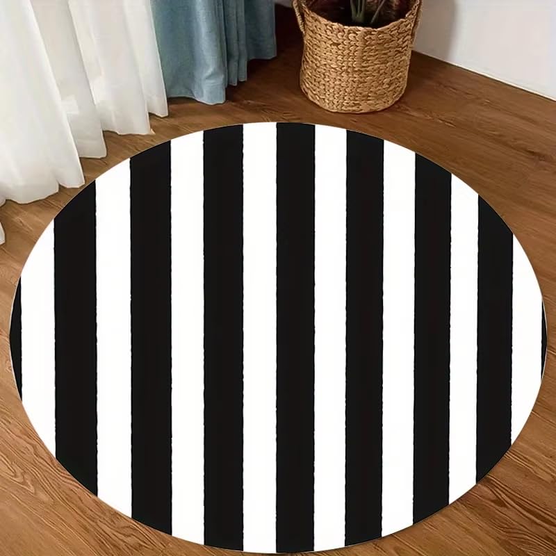 Tapis de sol rond à rayures 80 cm noir et blanc lavable - 7