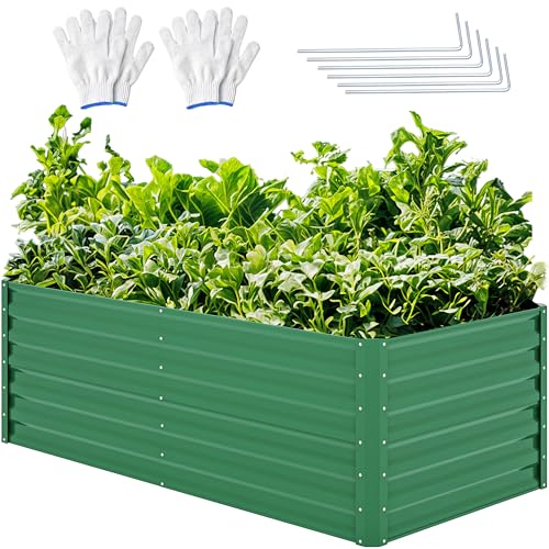 YITAHOME 6x3x2ft Outdoor Raised Garden Bed Kit, Large Metal Patio Planter Box with Gloves, Support Rod for Plants Vegetables Flowers, Green Green 6x3x