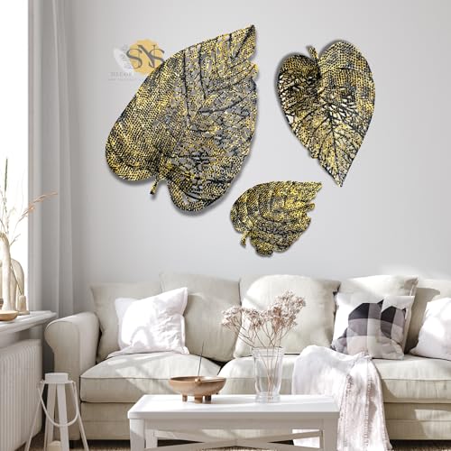 Image of SNS DECOR Luxury Metal Abstract Figures Leaf Wallart Set of 3 Handcrafted Wall Sculpture Wall Art Multicolor For Home Decoration (Black & Gold)