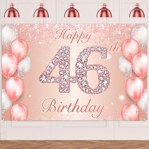 Image of Happy 46th Birthday Rose Gold Banner Cheers to 46 Years Old Backdrop Confetti Balloons Theme Decor for Women 46 Years Old Pink Birthday Party Decorations Bday Supplies Background Favors Gift Glitter