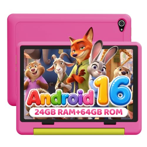Android 16 Kids Tablet 10 inch with Case, 24GB RAM 64GB ROM 1TB Expand | Tablet for Kids 3-12 Toddler, Parental control, Educational content, 6000mAh, HD screen, 5MP+8MP Camera, WiFi 6, BT 5.4