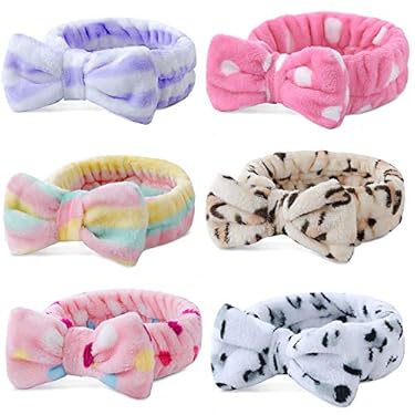 AMAZON - Teqifu 6 Pack Spa Headband,Bow Hair Band Women Facial Makeup Head Band Soft Coral Fleece Bowknot Head Wraps for Washing Face Shower, Bowtie Headbands Adjustable Elastic Hair Band for Girls and Women