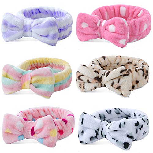 6 Pack Spa Headband,Bow Hair Band Women Facial Makeup Head Band Soft Coral Fleece Bowknot Head Wraps for Washing Face Shower , Bowtie Headbands Adjustable Elastic Hair Band for Girls and Women